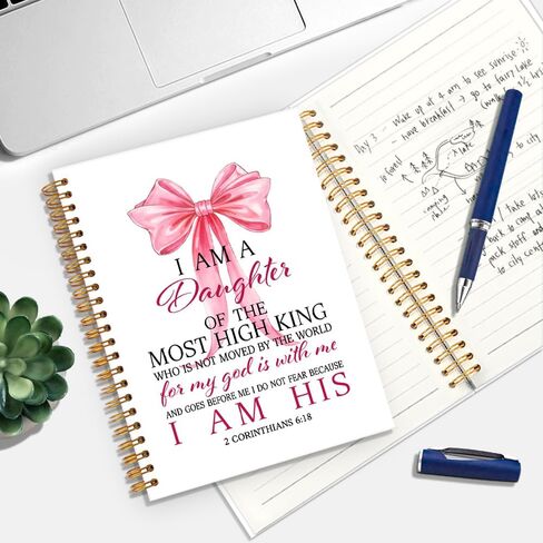 I Am A Daughter of The Most High King 160 Page White Lined Spiral Notebook, Pink Bow Hardcover Christian Notebook, 2 Corinthians 6:18 Bible Journal for Women, Religious Gifts for Lady Coworker in Kuwait