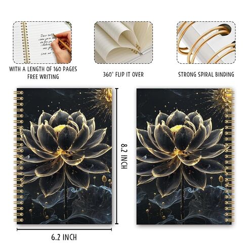 BEHIFL Black and Gold Lotus Floral Spiral Notebook, Luxury Zen Meditation Flower Journal, Aesthetic Elegant Flower Botanical Notebook Journal, 5.5x8.3 Inches in Saudi Arabia