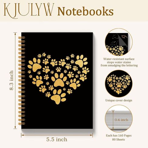 Golden Paw Print Heart Notebook Journal 5.5x8.3 Inch, Gifts for Cat and Dog Lovers, Pet Lover Owner Gifts, Glitter Paw Heart Hardcover Spiral Notebook Journal in Saudi Arabia