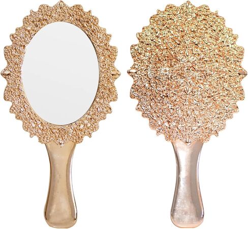 مرآة يد كلاسيكية من OIGUMR، مرآة مكياج بيضاوية محمولة مقاس 9.5 × 5 بوصة للنساء، مرآة زينة للسفر بمقبض مزخرف (1، ذهبي وردي، 9.5 × 5 بوصة) in Kuwait