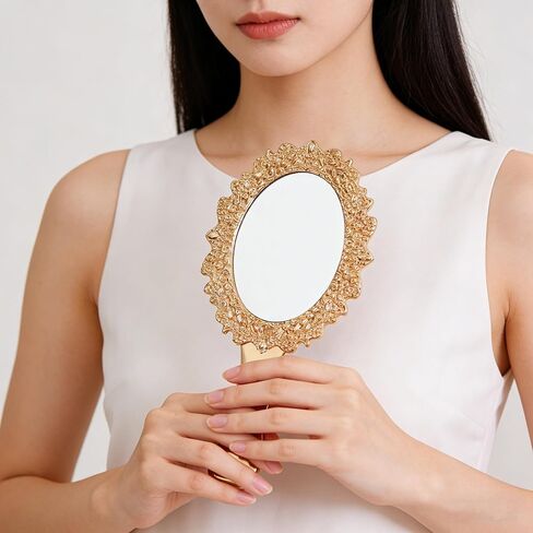 مرآة يد كلاسيكية من OIGUMR، مرآة مكياج بيضاوية محمولة مقاس 9.5 × 5 بوصة للنساء، مرآة زينة للسفر بمقبض مزخرف (1، ذهبي وردي، 9.5 × 5 بوصة) in Kuwait