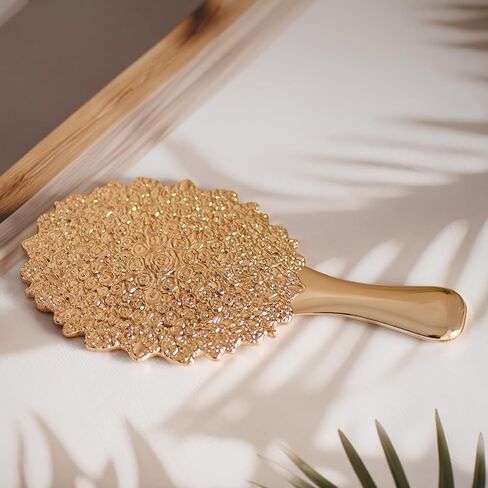 مرآة يد كلاسيكية من OIGUMR، مرآة مكياج بيضاوية محمولة مقاس 9.5 × 5 بوصة للنساء، مرآة زينة للسفر بمقبض مزخرف (1، ذهبي وردي، 9.5 × 5 بوصة) in Kuwait