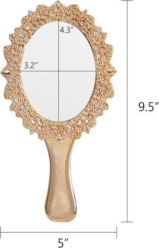 مرآة يد كلاسيكية من OIGUMR، مرآة مكياج بيضاوية محمولة مقاس 9.5 × 5 بوصة للنساء، مرآة زينة للسفر بمقبض مزخرف (1، ذهبي وردي، 9.5 × 5 بوصة) in Kuwait