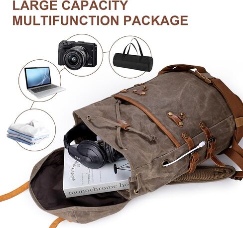 Waxed Canvas Leather Hiking Travel Waterproof Backpack for College Weekend Travel Fit 15in laptops in Kuwait