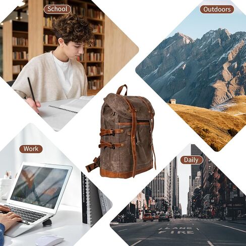 Waxed Canvas Leather Hiking Travel Waterproof Backpack for College Weekend Travel Fit 15in laptops in Kuwait