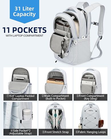 Travel Laptop Backpack for Women Men, Large Work Backpack for Commuter College School Book Bags, Reflective Water Resistant Backpack with Luggage Strap Bottle Pocket Chest Strap, Glacier White in Kuwait