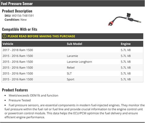 Fuel Pressure Sensor - Compatible with 2015-2018 Ram 1500 5.7L V8 in Saudi Arabia