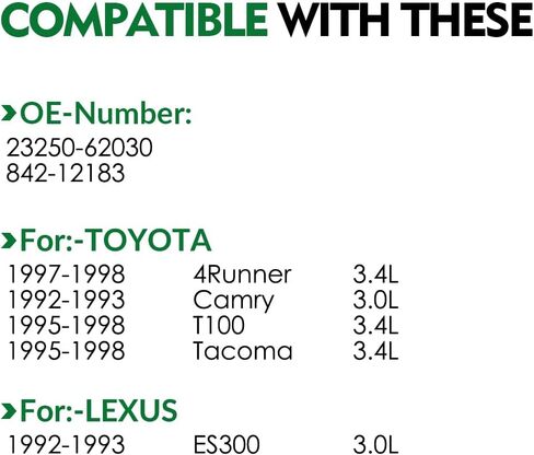 Fuel Injector 23250-62030 Fit for:-Toyota 1992-1993 Camry, 1997-1998 4Runner, 1995-1998 Tacoma, 1995-1998 T100 for:-Lexus 1992-1993 ES300 3.0L 3.4L OE# 23250-62030 842-12183 (Set of 6) in Saudi Arabia