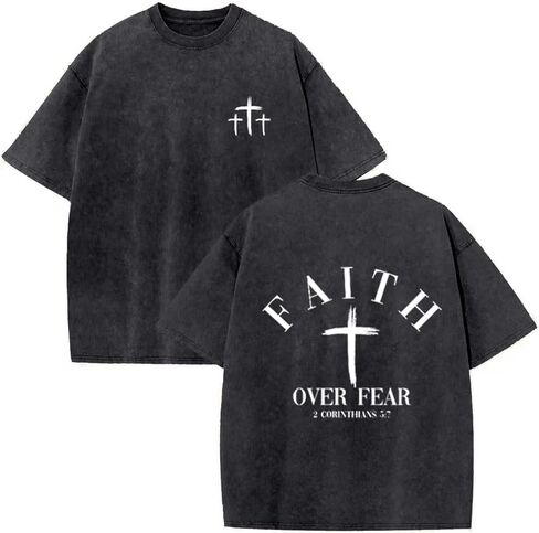 Christian Faith Over Fear Shirt for Men Cross God Oversized T-Shirt Inspirational Jesus Religious Short Sleeve Tops in Saudi Arabia