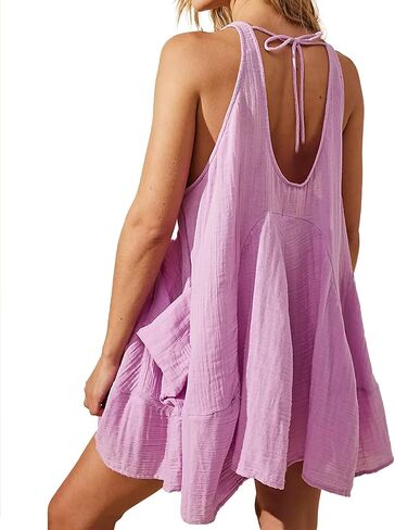 Women Casual Summer Dresses Sleeveless Crew Neck Backless Tunic Mini Dress Loose Flowy Tank Sundress with Pockets in Saudi Arabia