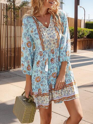Women's Boho Mini Dress Summer Floral 3/4 Long Sleeve V Neck Flowy Loose Casual Beach Dresses in Saudi Arabia