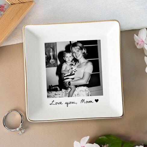 Personalized Photo Jewelry Tray for Mom, Custom Ceramic Trinket Dish with Picture, Ring Holder Keepsake Gift for Mother Grandma Daughter Birthday Home Decor in Kuwait