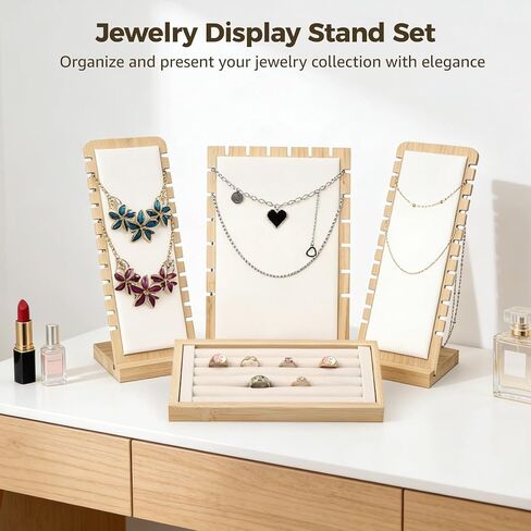 4PCS Necklace Display Stand, Wood Jewelry Display with Ring Display Box, Necklace Display Storage Jewelry Display Storage Set for Vendors Jewelry Shop Dressing Table in Kuwait