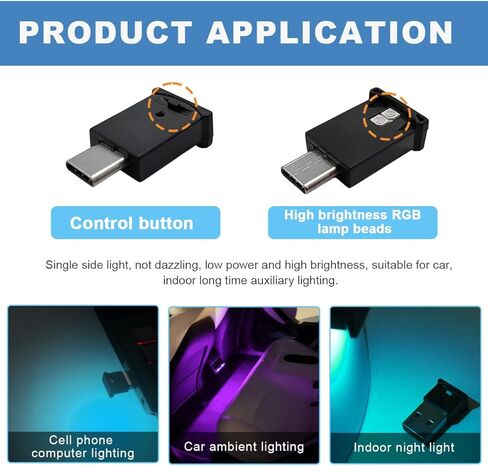 2PCS USB LED Car Atmosphere Lamp, 8 Color Plug In RGB USB Night Light for Car Interior Decoration, Mini Portable Adjustable Bright LED Ambient Lamp Universal for Most Vehicles in Kuwait