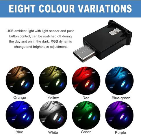 2PCS USB LED Car Atmosphere Lamp, 8 Color Plug In RGB USB Night Light for Car Interior Decoration, Mini Portable Adjustable Bright LED Ambient Lamp Universal for Most Vehicles in Kuwait
