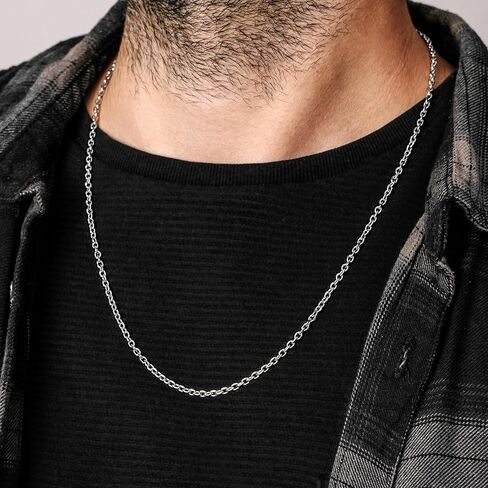 Silvadore سلسلة كابل من الفولاذ المقاوم للصدأ (3 مم، 36 بوصة) قلادة طويلة مطلية بالفضة الإسترلينية للرجال قلادة - Belcher Rolo Dog Tag حقيقية صلبة غير مشوهة مقاومة للماء هدية مجوهرات له in Kuwait