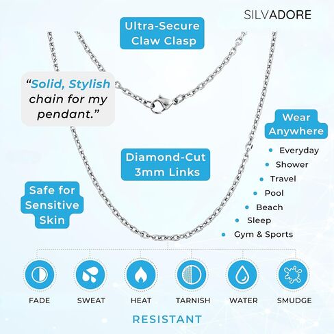 Silvadore سلسلة كابل من الفولاذ المقاوم للصدأ (3 مم، 36 بوصة) قلادة طويلة مطلية بالفضة الإسترلينية للرجال قلادة - Belcher Rolo Dog Tag حقيقية صلبة غير مشوهة مقاومة للماء هدية مجوهرات له in Kuwait