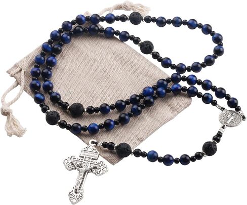 Catholic Rosary Necklace, 8mm Lava and Tiger's Eye Stone Beads, 21 inch, Saint Benedict Medal in Kuwait