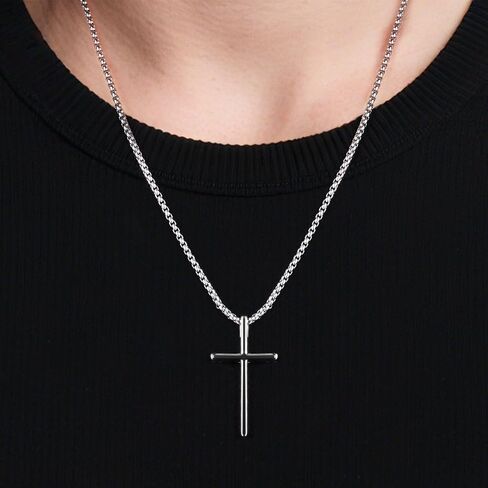 قلادة صليب سيلفي للرجال، حلية صليب سيلفي مع سلسلة متقاطعة 2 مم وقلادة صليب من الفولاذ المقاوم للصدأ، هدية عيد الميلاد، هدية مسيحية للمراهقين in Kuwait