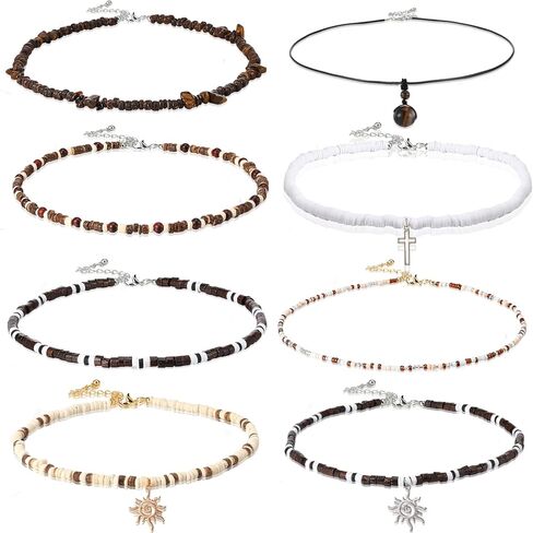 8 Pcs Puka Shell Necklace for Men Surfer Beach Necklace with Hawaiian Beaded Coconut Conch Seashell Designs Summer Accessory Christmas Gifts Dad Son Husband Stocking Stuffers for Men in Kuwait