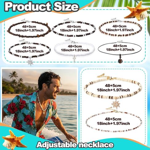 8 Pcs Puka Shell Necklace for Men Surfer Beach Necklace with Hawaiian Beaded Coconut Conch Seashell Designs Summer Accessory Christmas Gifts Dad Son Husband Stocking Stuffers for Men in Kuwait