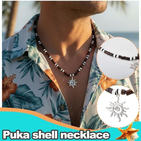 8 Pcs Puka Shell Necklace for Men Surfer Beach Necklace with Hawaiian Beaded Coconut Conch Seashell Designs Summer Accessory Christmas Gifts Dad Son Husband Stocking Stuffers for Men in Kuwait
