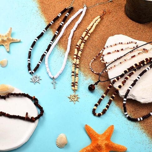 8 Pcs Puka Shell Necklace for Men Surfer Beach Necklace with Hawaiian Beaded Coconut Conch Seashell Designs Summer Accessory Christmas Gifts Dad Son Husband Stocking Stuffers for Men in Kuwait