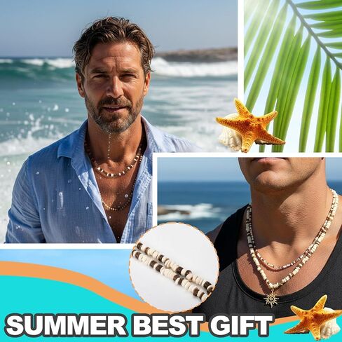 8 Pcs Puka Shell Necklace for Men Surfer Beach Necklace with Hawaiian Beaded Coconut Conch Seashell Designs Summer Accessory Christmas Gifts Dad Son Husband Stocking Stuffers for Men in Kuwait