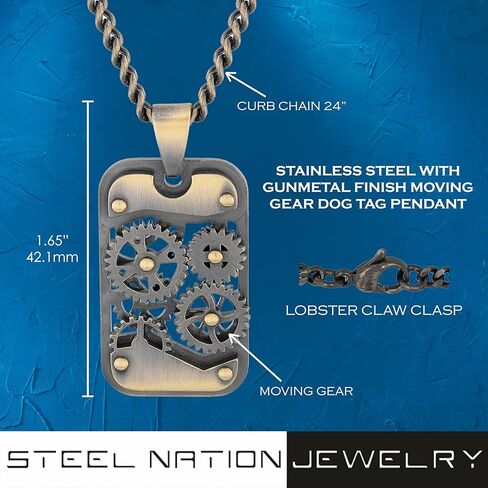 Mechanical Gears Dog Tag Pendant – 24" Curb Chain in Gunmetal Stainless Steel in Saudi Arabia