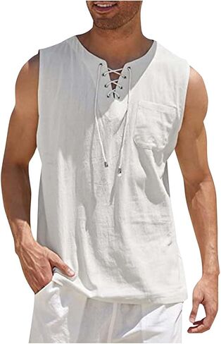 Workout Tank Tops for Men Lace Up V Neck Undershirt Sleeveless Shirt Beach Outfits with Pocket in Saudi Arabia