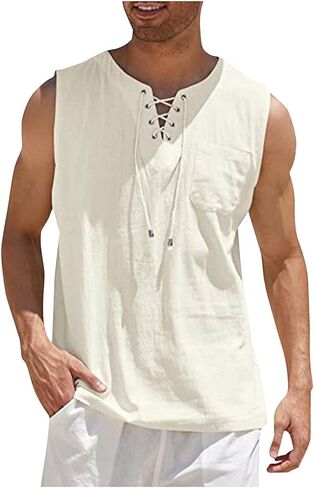 Workout Tank Tops for Men Lace Up V Neck Undershirt Sleeveless Shirt Beach Outfits with Pocket in Saudi Arabia