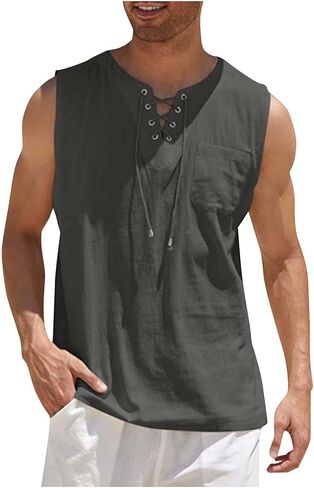Workout Tank Tops for Men Lace Up V Neck Undershirt Sleeveless Shirt Beach Outfits with Pocket in Saudi Arabia