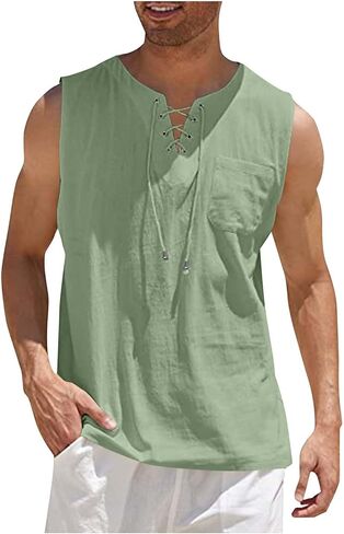 Workout Tank Tops for Men Lace Up V Neck Undershirt Sleeveless Shirt Beach Outfits with Pocket in Saudi Arabia