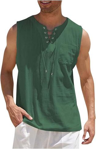 Workout Tank Tops for Men Lace Up V Neck Undershirt Sleeveless Shirt Beach Outfits with Pocket in Saudi Arabia