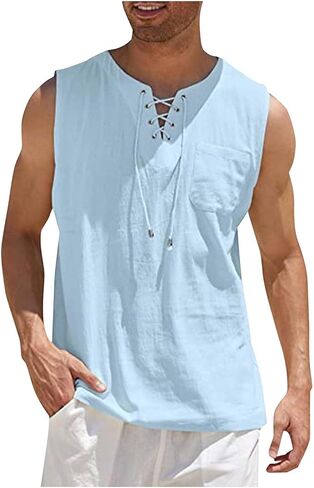 Workout Tank Tops for Men Lace Up V Neck Undershirt Sleeveless Shirt Beach Outfits with Pocket in Saudi Arabia