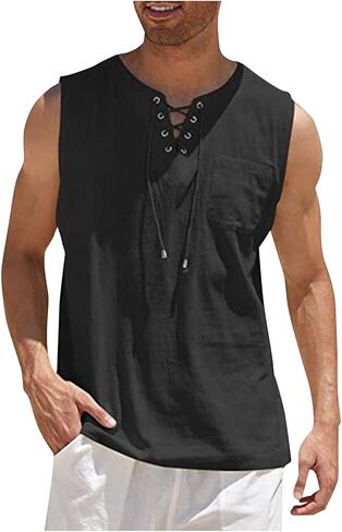 Workout Tank Tops for Men Lace Up V Neck Undershirt Sleeveless Shirt Beach Outfits with Pocket in Saudi Arabia