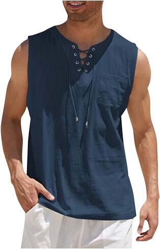 Workout Tank Tops for Men Lace Up V Neck Undershirt Sleeveless Shirt Beach Outfits with Pocket in Saudi Arabia