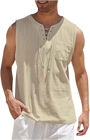 Workout Tank Tops for Men Lace Up V Neck Undershirt Sleeveless Shirt Beach Outfits with Pocket in Saudi Arabia