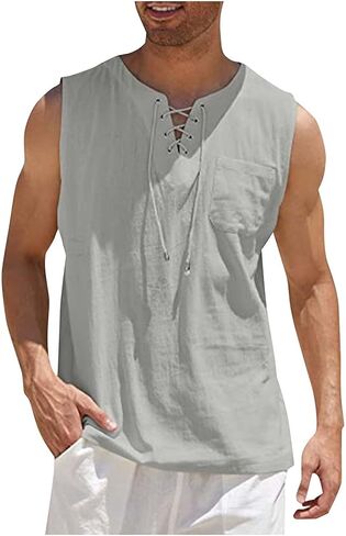 Workout Tank Tops for Men Lace Up V Neck Undershirt Sleeveless Shirt Beach Outfits with Pocket in Saudi Arabia