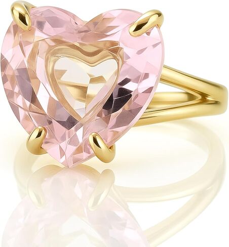 خاتم قلب من الكوارتز الوردي - مجوهرات كوكتيل من الأحجار الكريمة الوردية مملوءة بالذهب عيار 14 قيراط - مجموعة شوكية خاتم بيان الحب الذاتي للنساء - إكسسوار رومانسي جريء in Kuwait