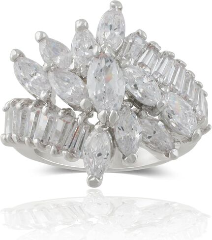 Rhodium Plated Marquise Floral with Baguette Cubic Zirconia Cocktail Ring in Kuwait
