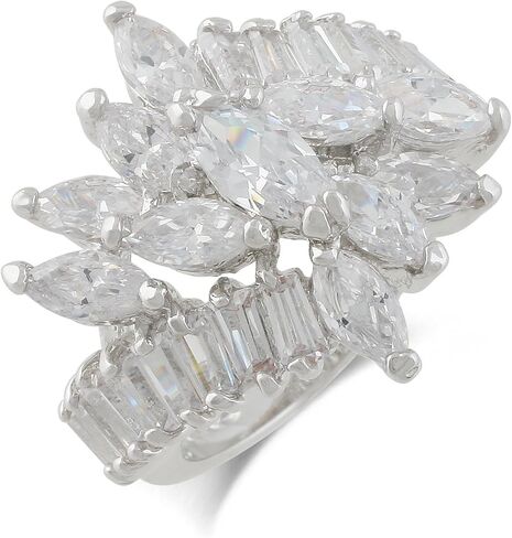 Rhodium Plated Marquise Floral with Baguette Cubic Zirconia Cocktail Ring in Kuwait