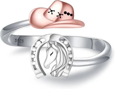 925 Sterling Silver Horse Highland Cow Western Hat Ring for Women Adjustable Dainty Horseshoe Ring Scottish Highland Cattle Ring for Daughter Adorable Equestrian Birthday Chiristmas Jewelry Gift for Granddaughter in Kuwait