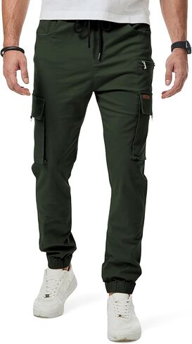 بنطال JMIERR للرجال ذو قصة ضيقة ورباط وخصر مطاطي من نسيج قطني طويل مع جيوب بسحاب، مقاس S، أسود in Kuwait