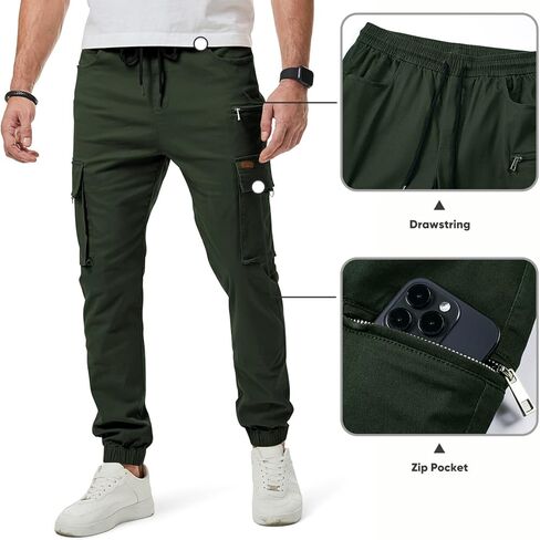 بنطال JMIERR للرجال ذو قصة ضيقة ورباط وخصر مطاطي من نسيج قطني طويل مع جيوب بسحاب، مقاس S، أسود in Kuwait