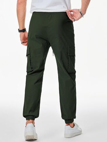 بنطال JMIERR للرجال ذو قصة ضيقة ورباط وخصر مطاطي من نسيج قطني طويل مع جيوب بسحاب، مقاس S، أسود in Kuwait