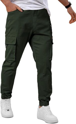 بنطال JMIERR للرجال ذو قصة ضيقة ورباط وخصر مطاطي من نسيج قطني طويل مع جيوب بسحاب، مقاس S، أسود in Kuwait