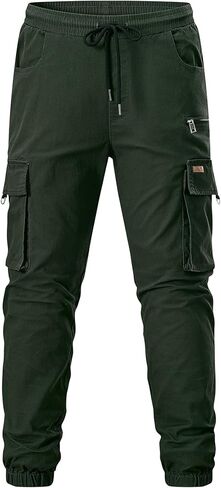 بنطال JMIERR للرجال ذو قصة ضيقة ورباط وخصر مطاطي من نسيج قطني طويل مع جيوب بسحاب، مقاس S، أسود in Kuwait