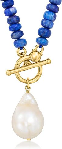 Ross-Simons 12-13mm Cultured Baroque Pearl and 5-5.5mm Lapis Bead Toggle Necklace in 18kt Gold Over Sterling in Kuwait