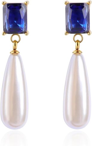 Pearl Emerald Cut Birthstone Earring 18k Gold Plated Cubic Zirconia Drop Earring Pearl Dangle Earrings Pearl Jewelry Birthday Gifts for Women in Saudi Arabia